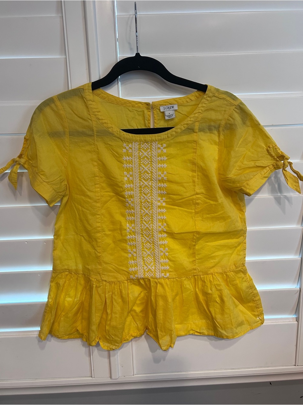 J. Crew Yellow Embroidered Peplum Tie-Sleeve Top